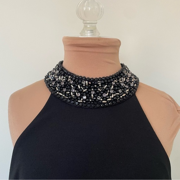 Badgley Mischka Alyssa Embellished Halter Sleeveless Crepe Side Slit Gown Sz 10 - Picture 6 of 11